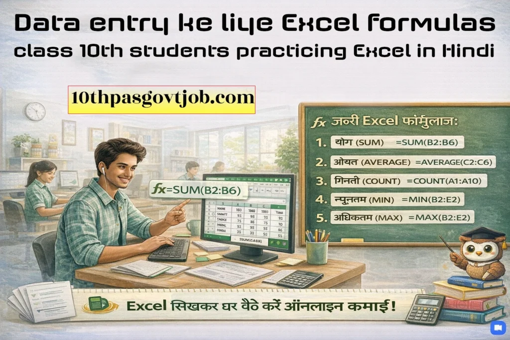 Data entry ke liye Excel formulas, class 10th students practicing Excel in Hindi