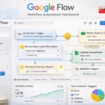 Google Flow का इंटरफेस जिसमें workflow automation दिखाया गया है