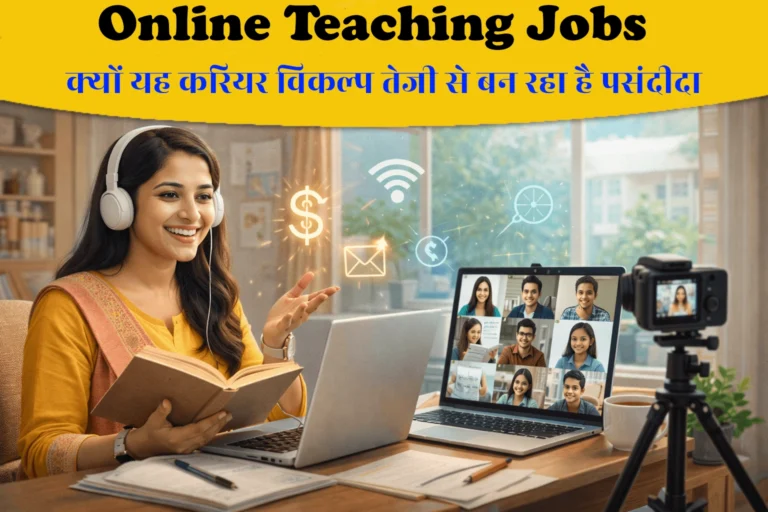 Online teaching jobs करते हुए घर से virtual class लेती शिक्षिका, digital education career option का प्रतीक चित्र।