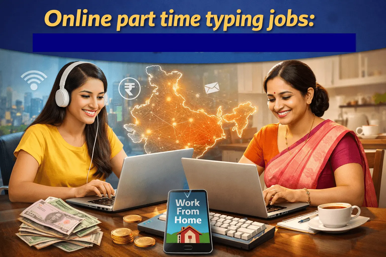 Student and homemaker doing online part time typing jobs from home in Digital India