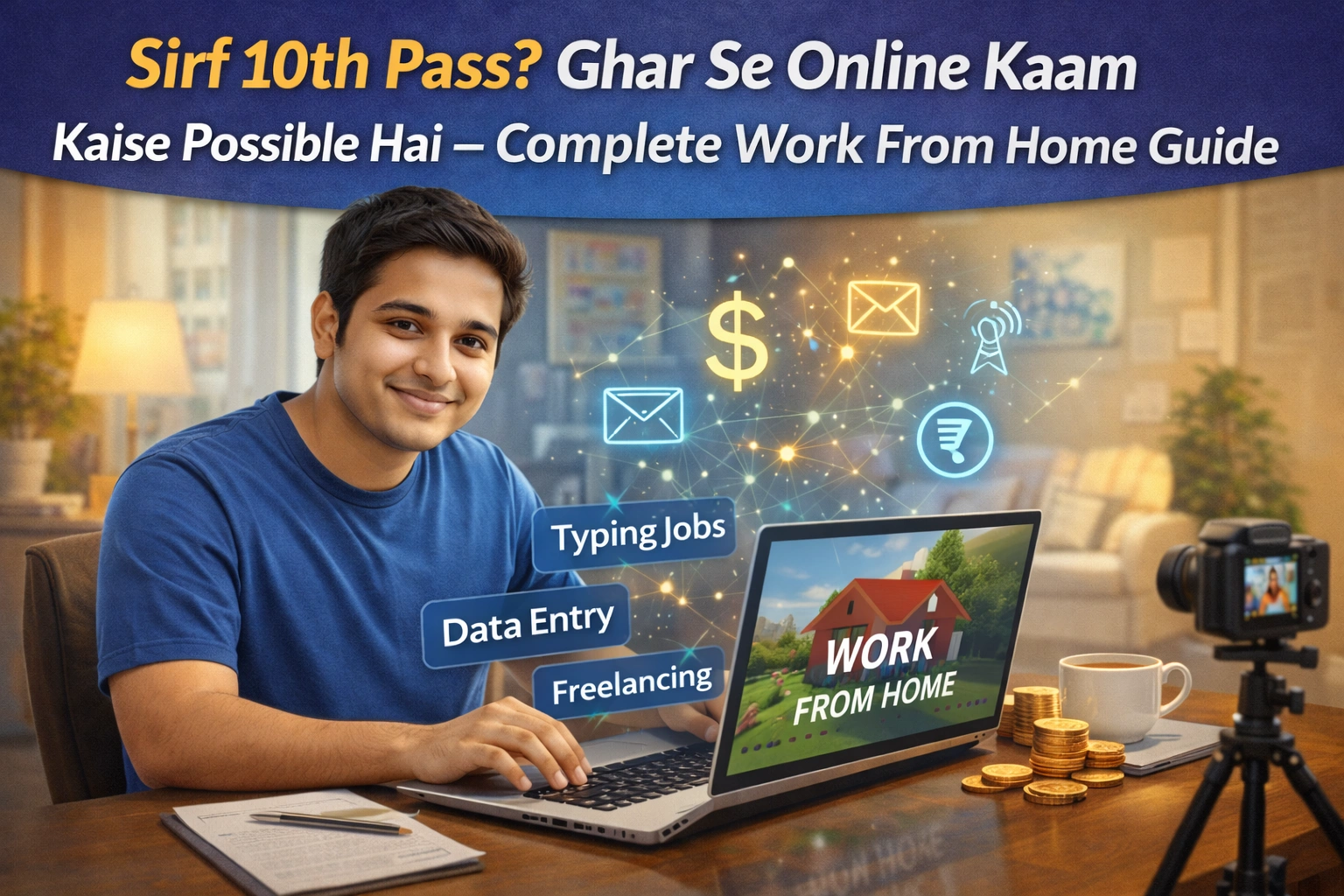 10वीं पास युवक घर से लैपटॉप पर ऑनलाइन काम करते हुए, वर्क फ्रॉम होम और डिजिटल जॉब अवसरों को दर्शाता चित्र।