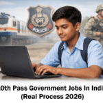 छात्र 10th Pass Government Jobs 2026 की तैयारी करते हुए, बैकग्राउंड में Railway, Police और Army के प्रतीक