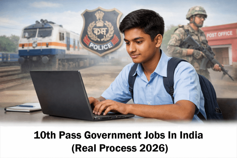 छात्र 10th Pass Government Jobs 2026 की तैयारी करते हुए, बैकग्राउंड में Railway, Police और Army के प्रतीक