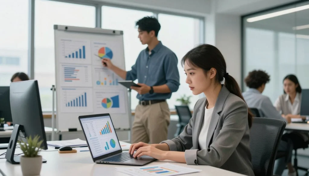 Computer screen पर Microsoft Excel dashboard और rows columns में data management