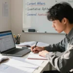 Government Job की तैयारी करता छात्र, study table पर books और mock test papers के साथ