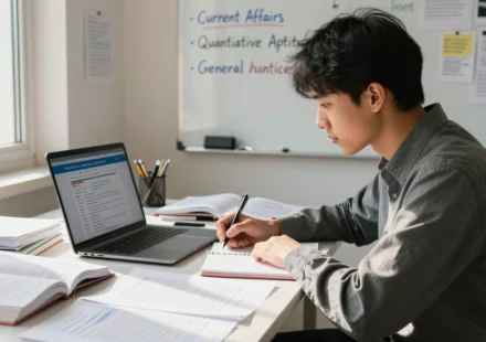 Government Job की तैयारी करता छात्र, study table पर books और mock test papers के साथ