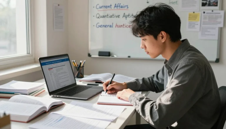 Government Job की तैयारी करता छात्र, study table पर books और mock test papers के साथ