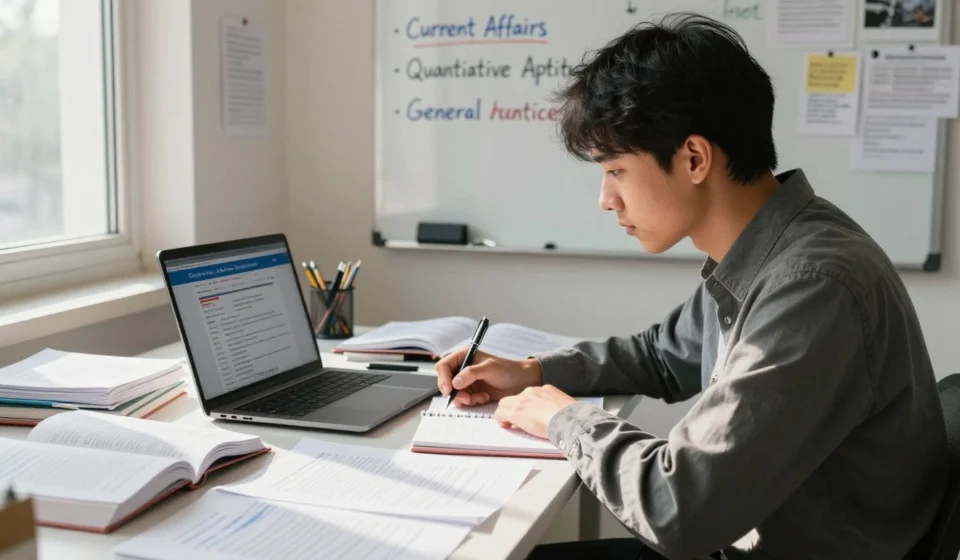 Government Job की तैयारी करता छात्र, study table पर books और mock test papers के साथ