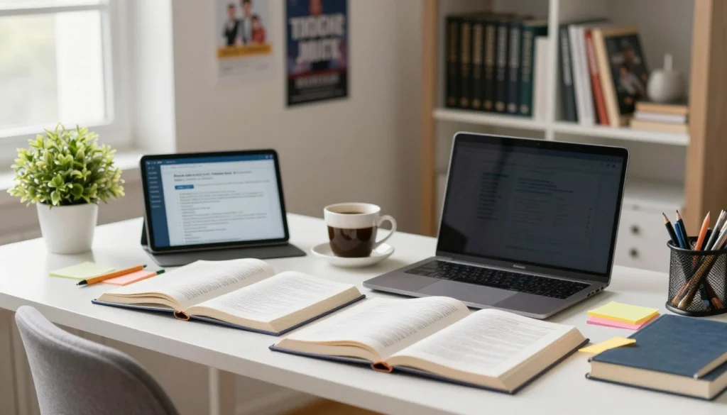 Government job exam preparation के दौरान competitive books और online mock test screen