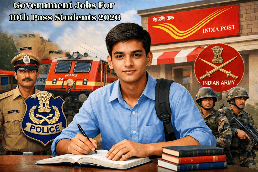 Government Jobs For 10th pass students की तैयारी करते हुए – बैकग्राउंड में Railway, Post Office, Police और Army के प्रतीकात्मक विजुअल।