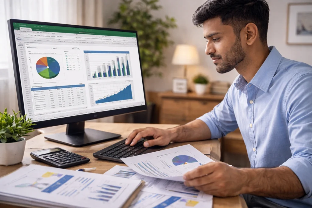 बैंकिंग और सरकारी नौकरियों में Microsoft Excel का उपयोग करते हुए data management और financial report तैयार करता कर्मचारी